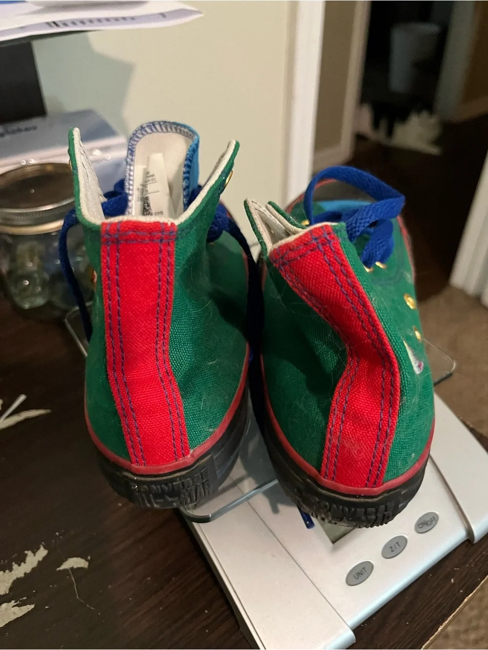 Converse Kids Green High-Top Sneakers with Rainbow Patch and Blue Laces